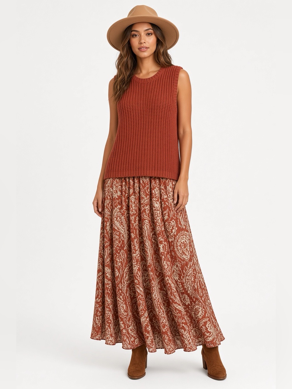 Rust Open Knit Sleeveless Sweater Vest Tank